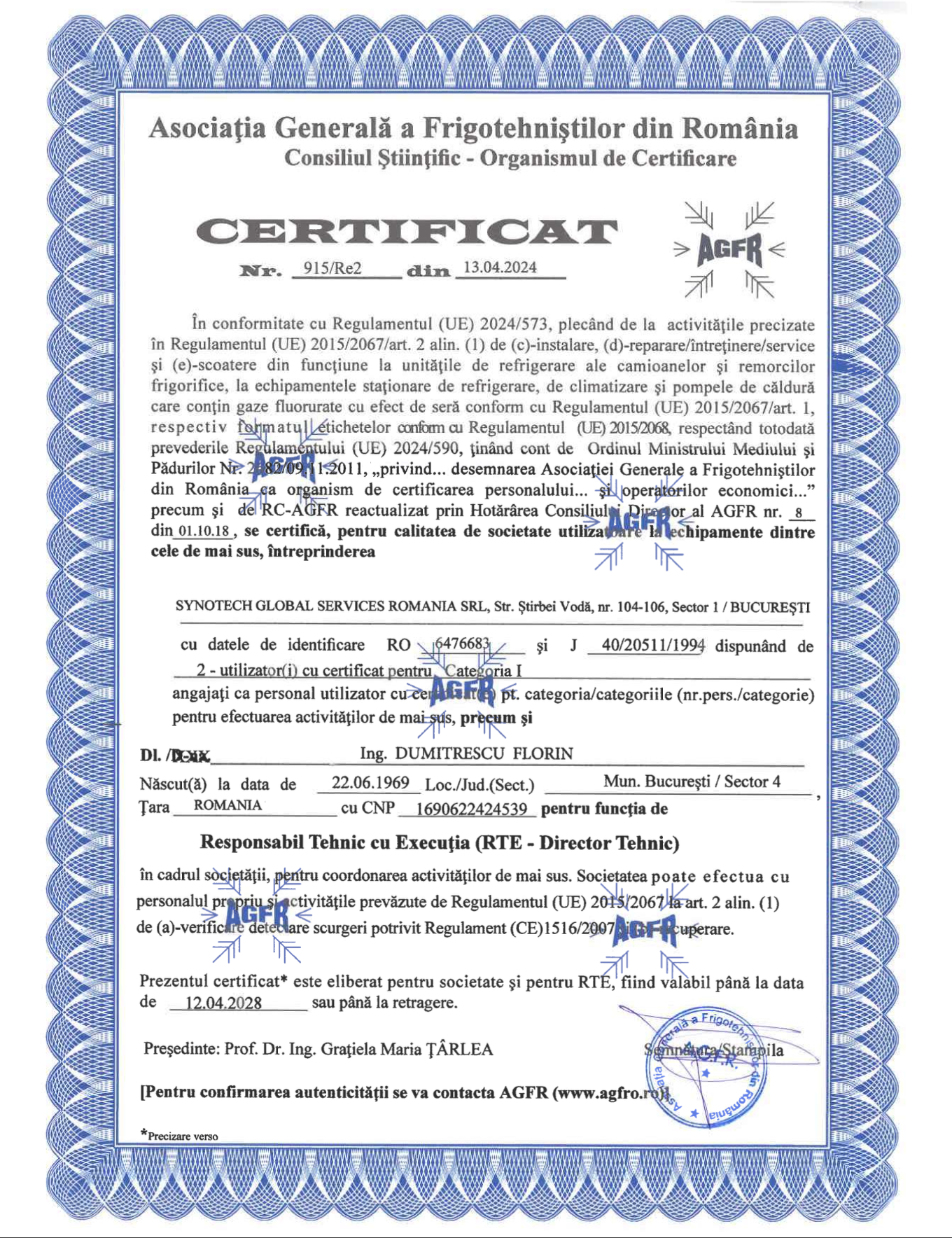 Certificat AGFR — Gaze Fluorurate Categoria I