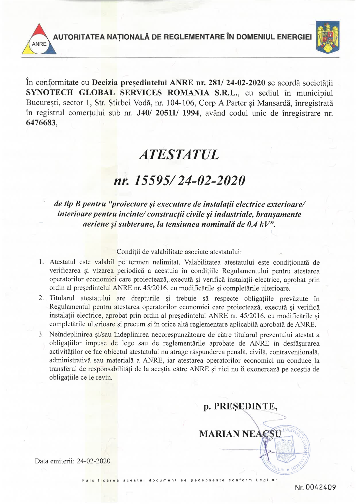 Atestat ANRE Tip B